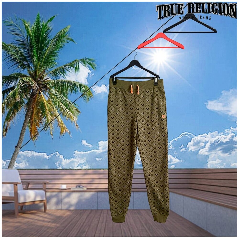 True Religion Sweatpants Green Allover Print Graphic Logo